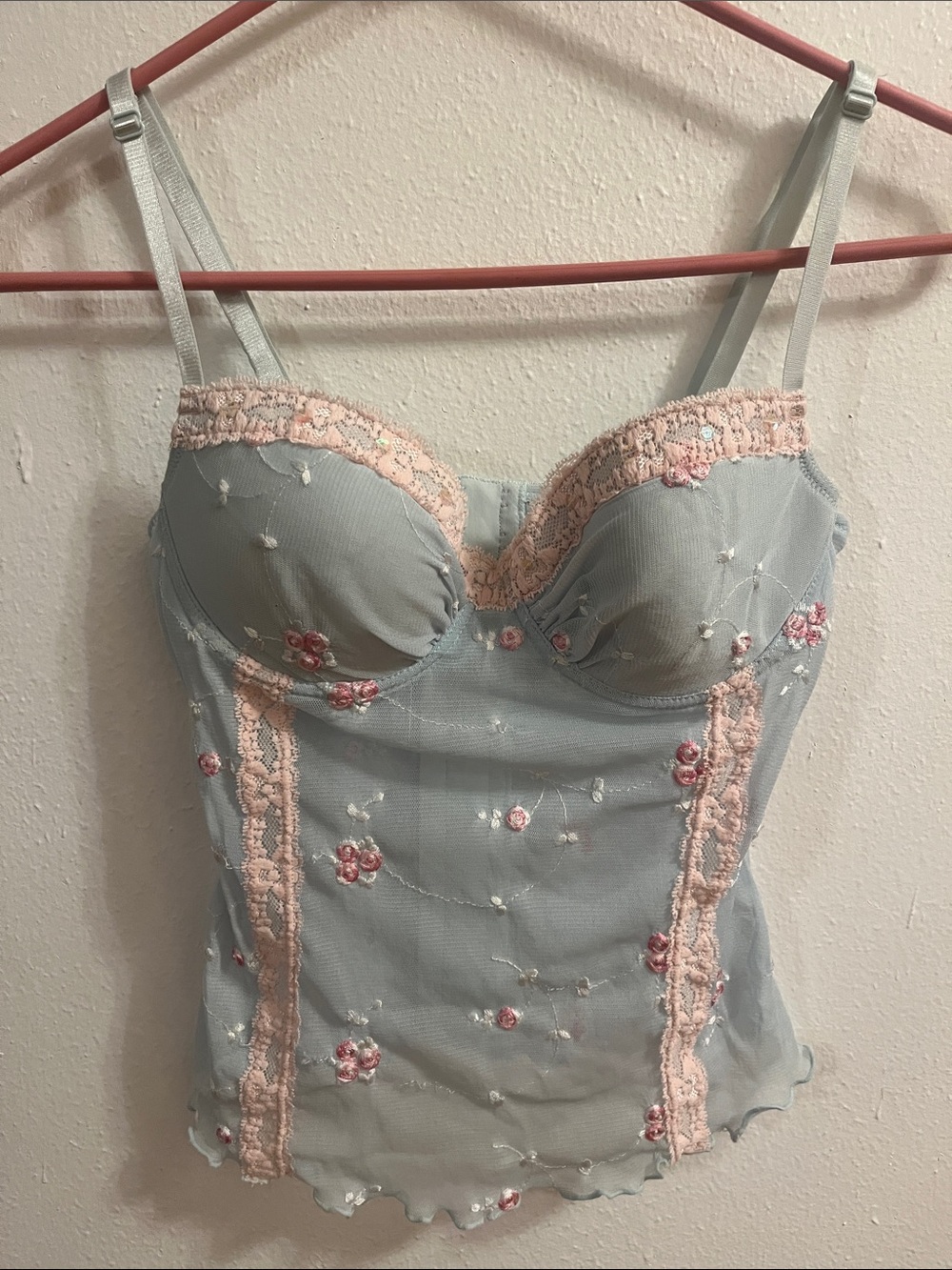 Victoria's Secret Light Blue and Pink Embroidered Bustier Camisole